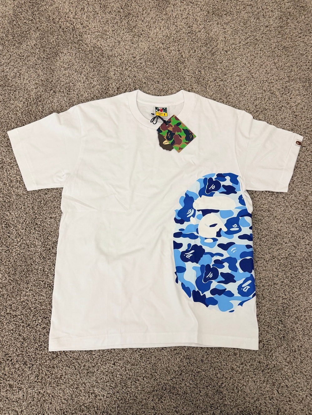 Bape White Short-Sleeve Tee with Blue Camo Ape Head